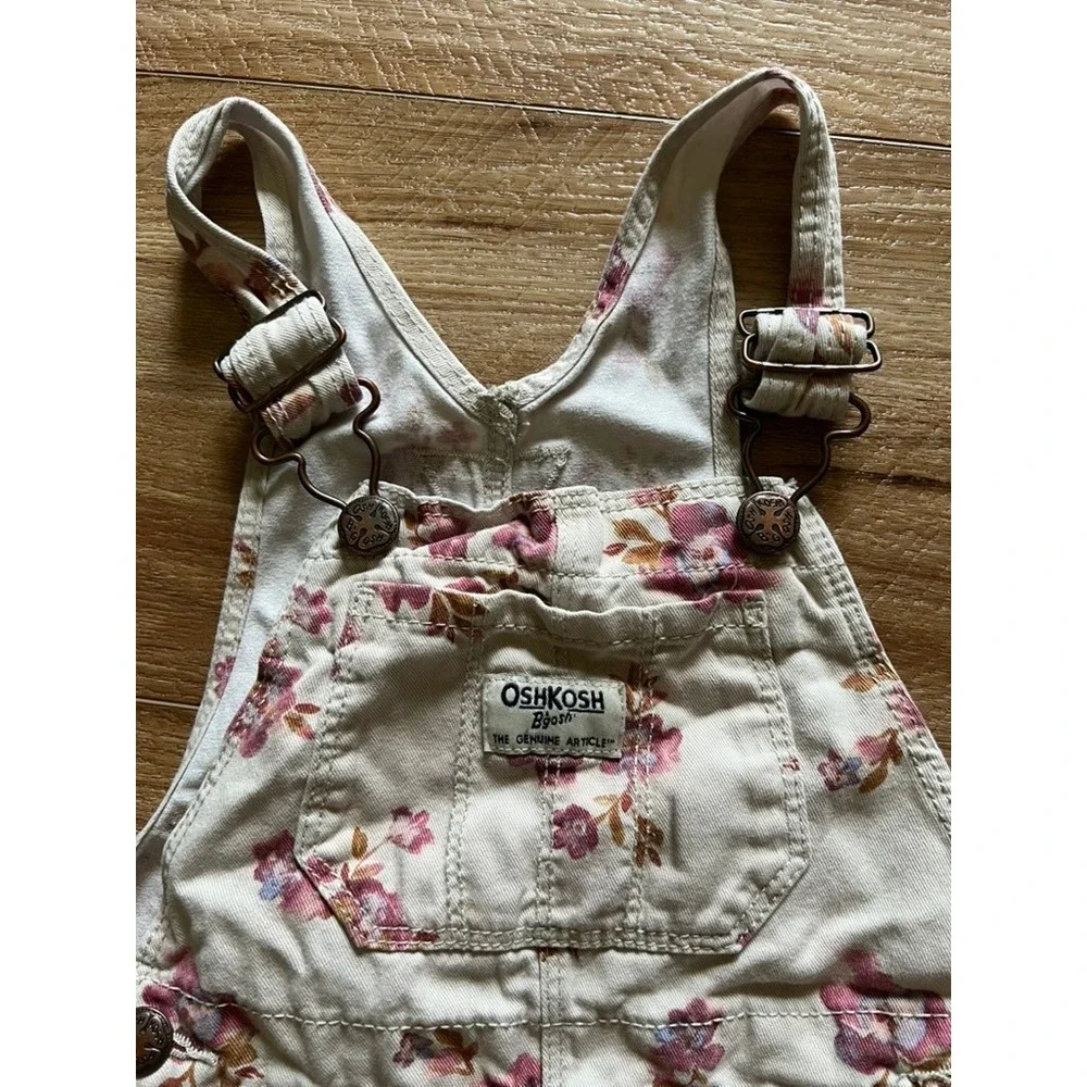 OshKosh B'gosh Corduroy Overalls Toddler 3T Cream Floral Print Cotton Bibs
